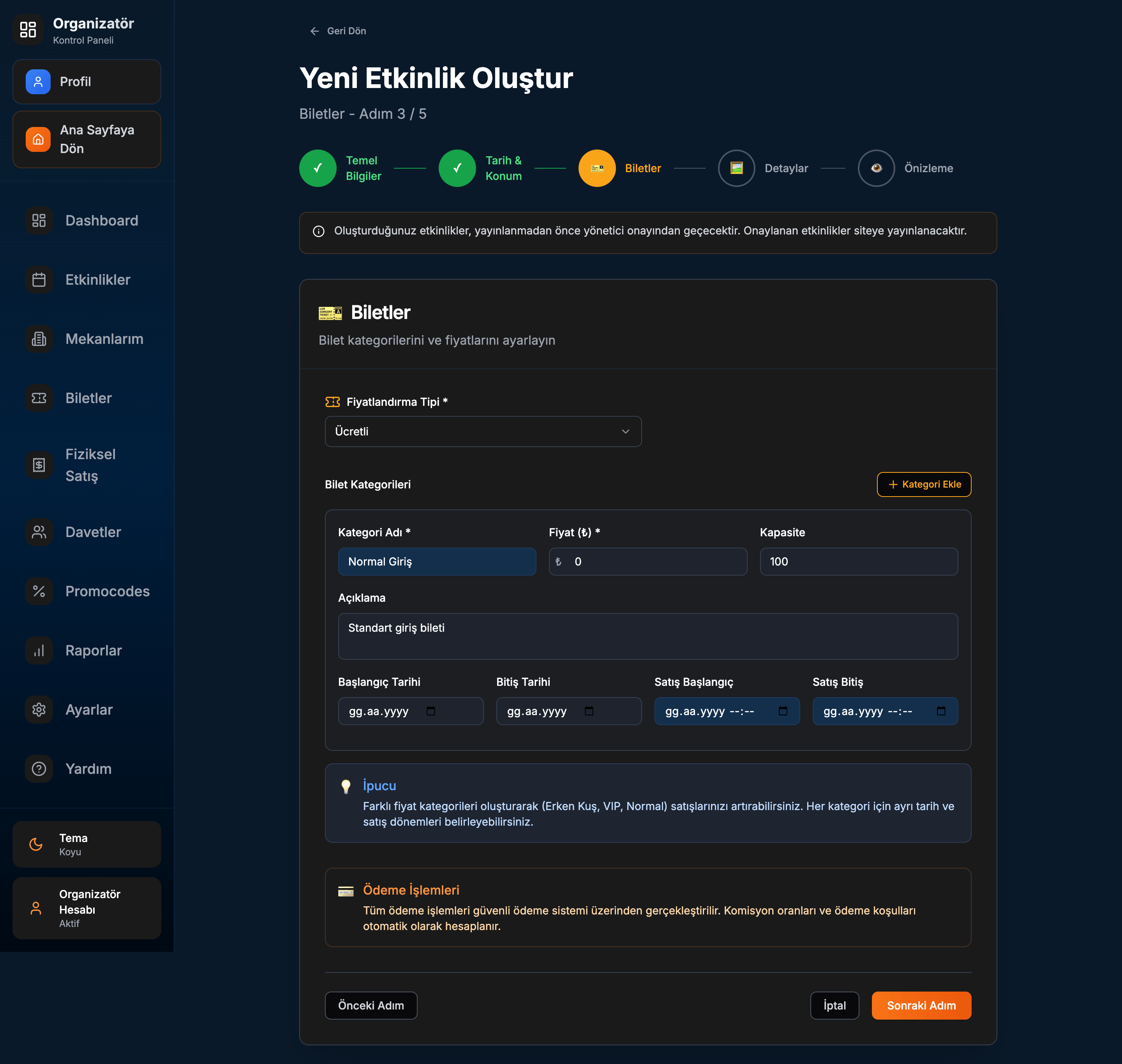 Bilet Kategorileri ekranı
