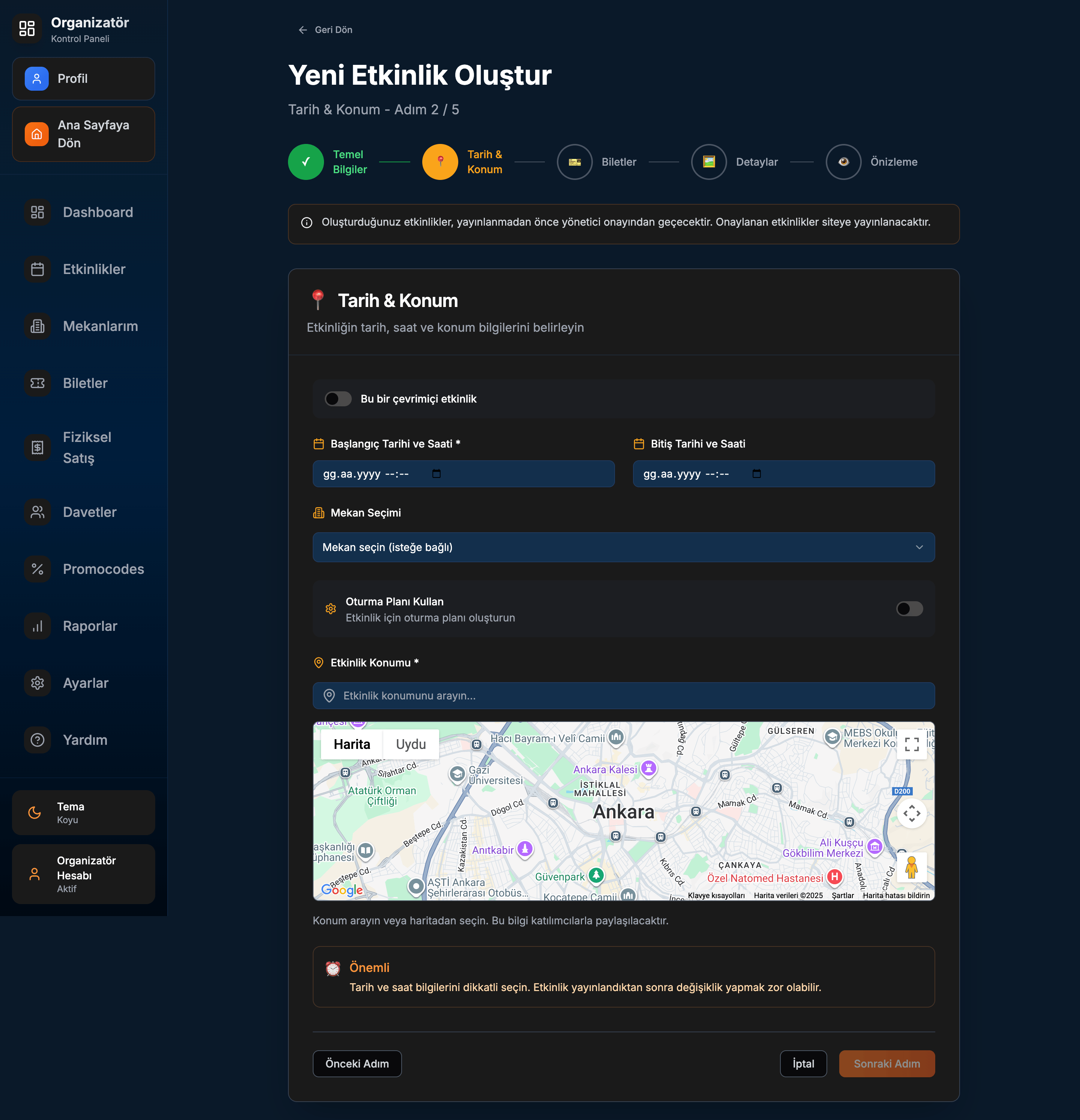 Tarih & Konum ekranı