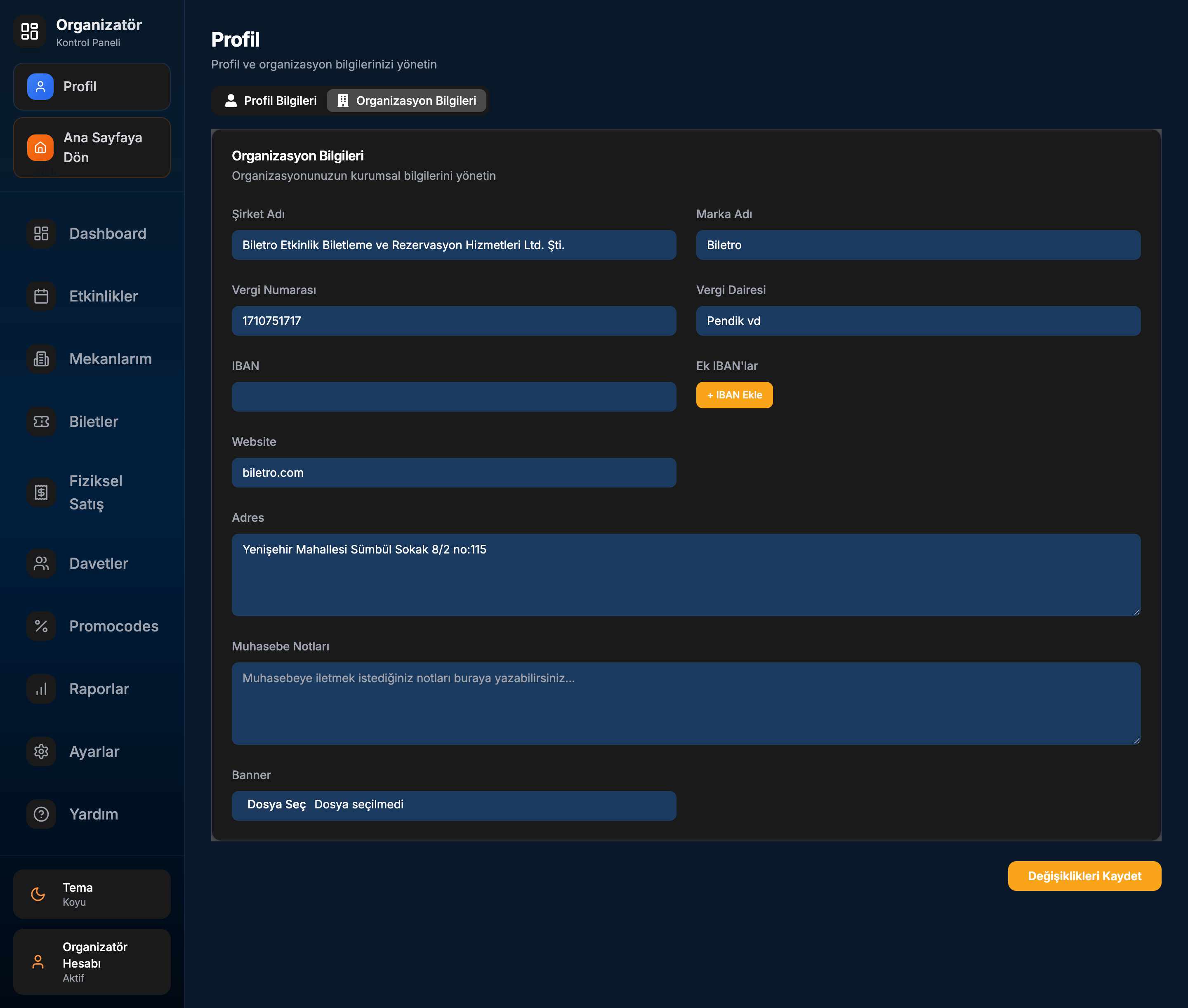 Organizatör Profil Bilgileri ekran görüntüsü