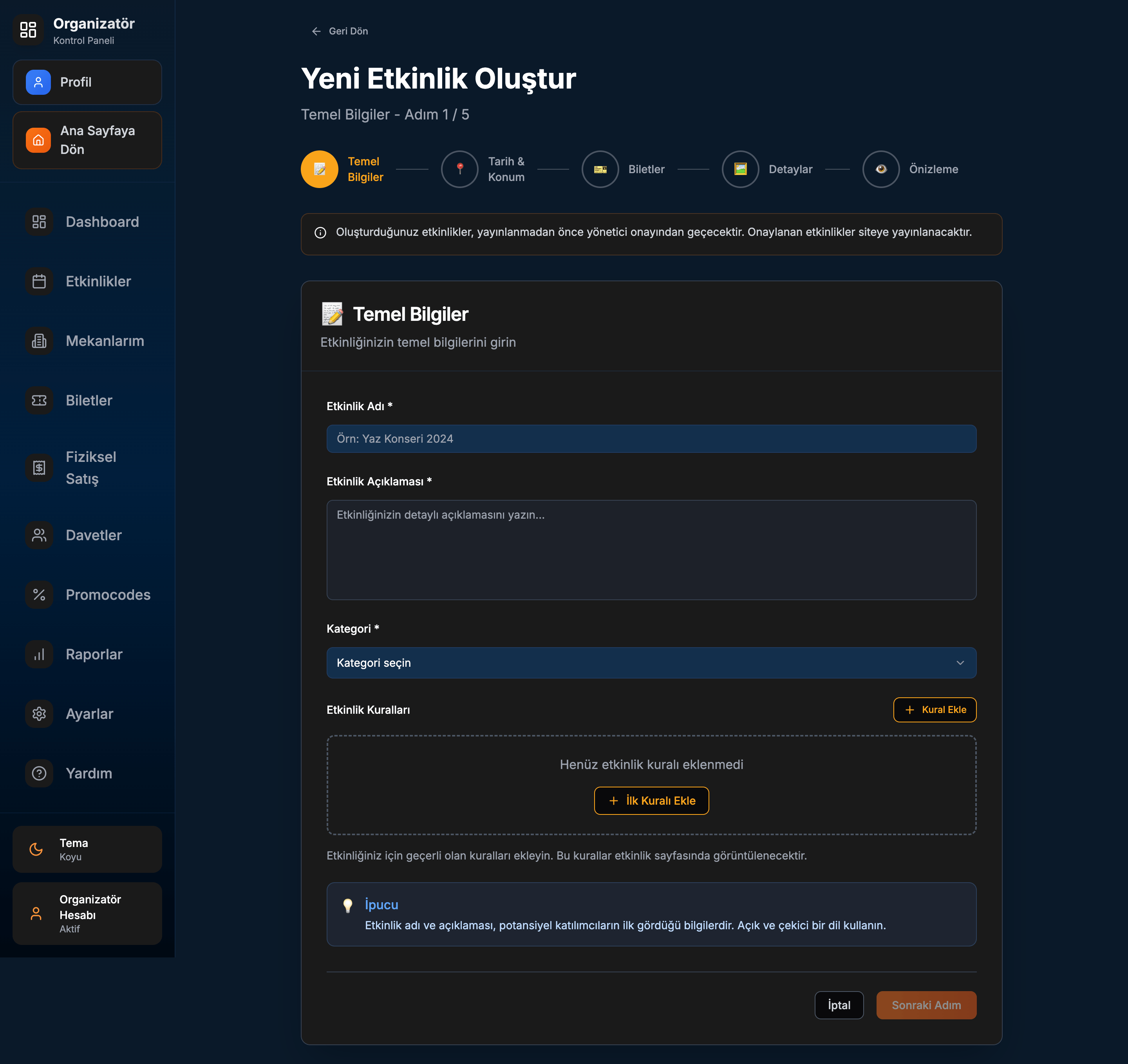 Temel Bilgiler ekranı